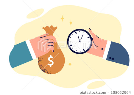 Hands of people with bag of money and watch as metaphor for exchange of time for salary 108052964