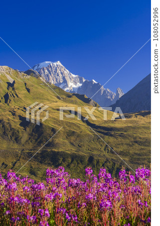 Landscape near Col du Petit-Saint-Bernard with Mont Blanc, on border France and Italy Landscape near Col du Petit-Saint-Bernard with Mont Blanc, on border France and Italy 108052996