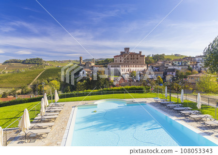 Castle and town with vineyard in Barolo, Langhe region, Piedmont, Italy Castle and town with vineyard in Barolo, Langhe region, Piedmont, Italy 108053343