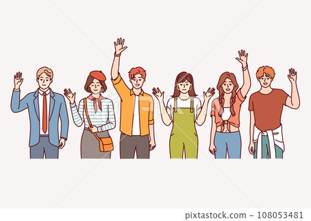 People greet and wave, inviting you to join multicultural community of college students 108053481