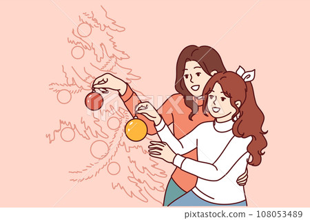Mom and daughter decorate christmas tree, decorating branches with gift balls and garlands Mom and daughter decorate christmas tree, decorating branches with gift balls and garlands 108053489