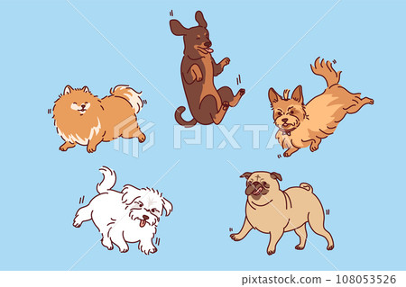 Dogs and puppies of different breeds fly in air with various emotions for concept veterinary clinic 108053526