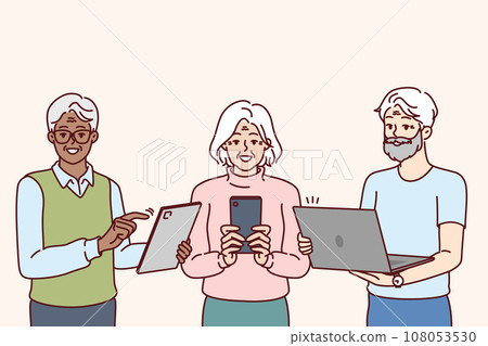 Older people use gadgets and learn digital literacy and internet surfing through phone or laptop Older people use gadgets and learn digital literacy and internet surfing through phone or laptop 108053530