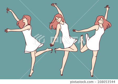 Woman ballerina in white dress demonstrates flexibility and warms up taking various ballet poses 108053544