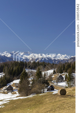 Typical wooden log cabins in Gorjuse, Triglavski national park, Slovenia 108053642