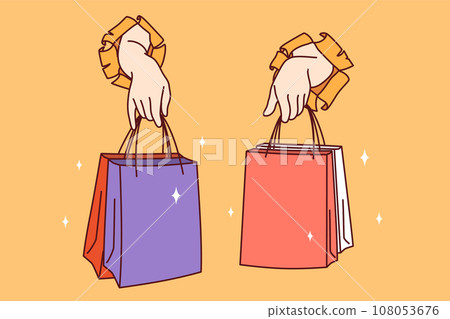 Hands of people with paper shopping bags protrude from holes in banner for ads discount centers Hands of people with paper shopping bags protrude from holes in banner for ads discount centers 108053676