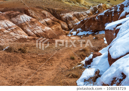Closeup of snow on rocky landscape at Altai mountains, Siberia, Russia 108053729
