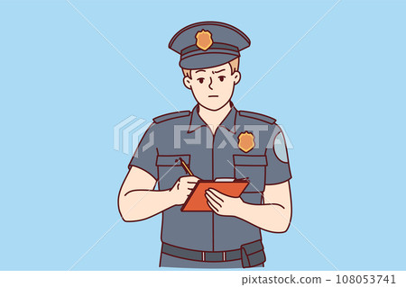 Man detective in police uniform takes notes in notebook and recording victims testimony 108053741