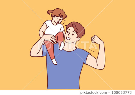 Strong father holds daughter on shoulder and shows biceps to instill in child confidence in security 108053773
