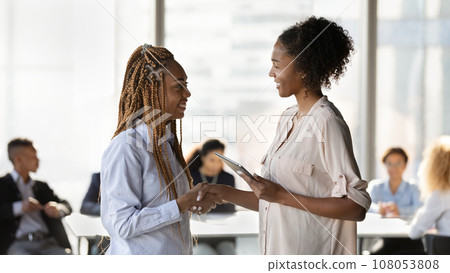 Smiling African American businesswoman hr manager shaking new employee hand Smiling African American businesswoman hr manager shaking new employee hand 108053808