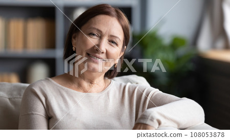 Mature woman female sit on couch smile looking at camera 108053878