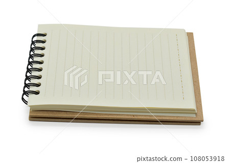top view image of open notebook with blank page, lined paper texture background 108053918