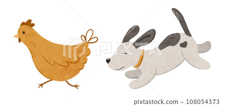 Cute poppy chases the chicken. Digital hand drawn illustration with little Dog and poultry farm animal for textile design, education, baby shower, children prints. Drawing of character in cartoon 108054373