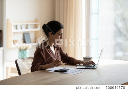 Focused Indian woman using laptop and calculator, checking financial documents Focused Indian woman using laptop and calculator, checking financial documents 108054378