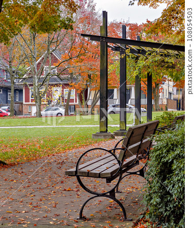Wood and metal bench in a park on autumn season Wood and metal bench in a park on autumn season 108054503