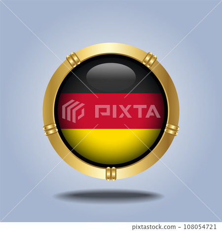 Germany flag. Round glossy. Gold  frame. Isolated on color gradient background 108054721