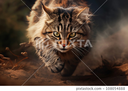 A cat chasing its prey comes towards us with ferocious force. A cat chasing its prey comes towards us with ferocious force. 108054888