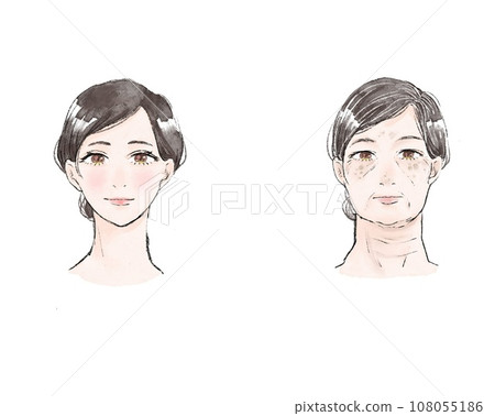 Illustration of a woman showing the difference between aging and rejuvenation Illustration of a woman showing the difference between aging and rejuvenation 108055186