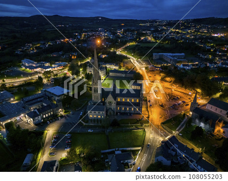 Aerial night view of St Eunans Cathedral in Letterkenny, County Donegal, Ireland Aerial night view of St Eunans Cathedral in Letterkenny, County Donegal, Ireland 108055203