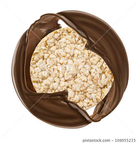Puffed rice cake in chocolate splash isolated on white background Puffed rice cake in chocolate splash isolated on white background 108055215