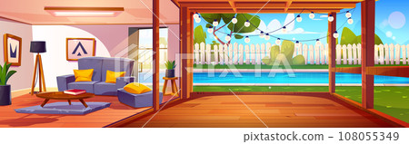 Poolside in yard with wooden patio and living room 108055349