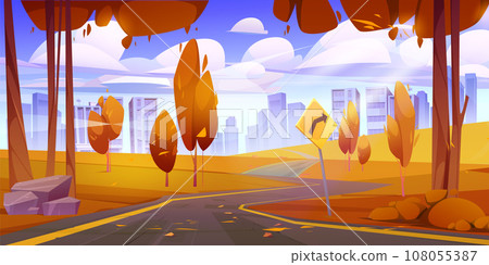 Autumn road to modern city 108055387