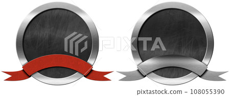 Round Metal Icons or Symbols with Empty Blackboard and Ribbon 108055390