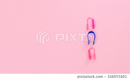 Earplugs and nose clip set for water sports, space for text Earplugs and nose clip set for water sports, space for text 108055801
