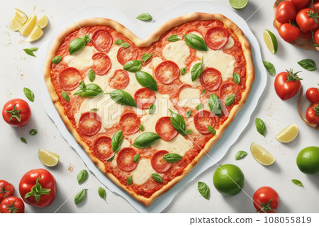 Italian heart-shaped margarita pizza on the table. Close-up and top view. Valentine's Day concept. 108055819