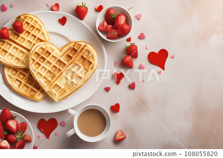Heart-shaped breakfast waffles for Valentine's Day. Heart-shaped breakfast waffles for Valentine's Day. 108055820