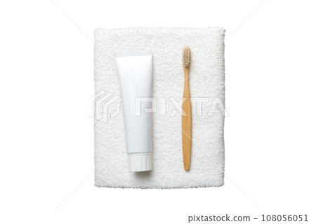 Mouthwash and other oral hygiene products isolated on white background top view with copy space. Flat lay. Dental hygiene. Oral care products and space for text on light background. concept 108056051