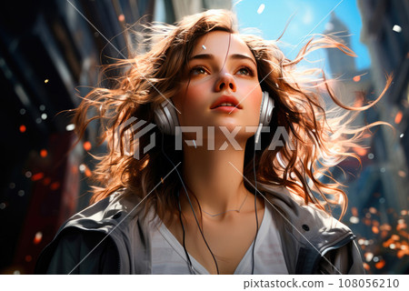 Young Caucasian woman with overhead headphones walks around the city listening to music 108056210