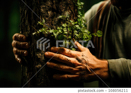 Man embraces the trunk of a tree, receiving energy and strength from it. The concept of human connection with nature 108056211