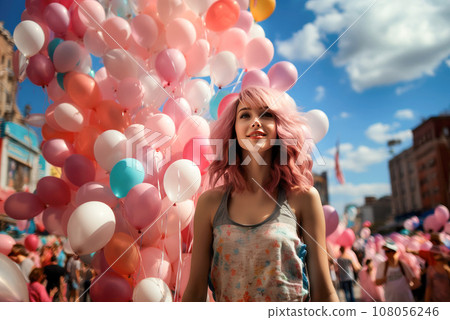 Young pink haired girl on the background of a lot of balloons at an open-air music festival Young pink haired girl on the background of a lot of balloons at an open-air music festival 108056246