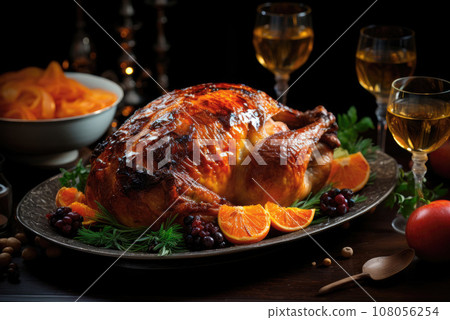 Baked turkey with fruit on a Thanksgiving tray 108056254