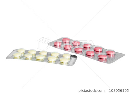 Blister package with Vitamin on color background. Medicine pills on a light background. Medicines and prescription pills flat lay background. pink medical tablets in blister 108056305