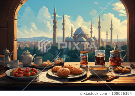Postcard Ramadan Iftar food with a view of the mosque 108056394