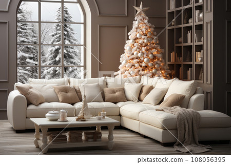 Cozy Christmas interior of the living room with a soft large sofa in the living room and a Christmas tree with lights Cozy Christmas interior of the living room with a soft large sofa in the living room and a Christmas tree with lights 108056395