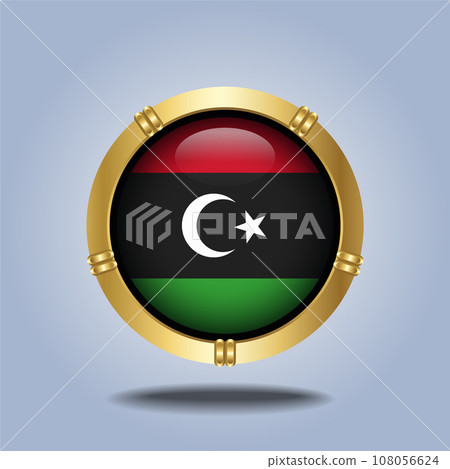 Kingdom of Libya flag. Round glossy. Gold  frame. Isolated on color gradient background 108056624