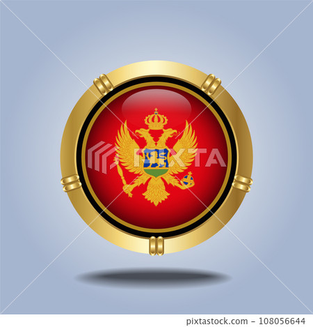 Montenegro flag. Round glossy. Gold  frame. Isolated on color gradient background 108056644