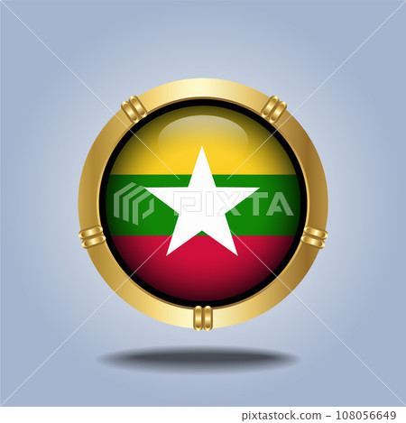 Myanmar flag. Round glossy. Gold  frame. Isolated on color gradient background 108056649
