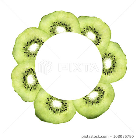 Slice of fresh kiwi fruit circle frame - Hand painted watercolor. 108056790