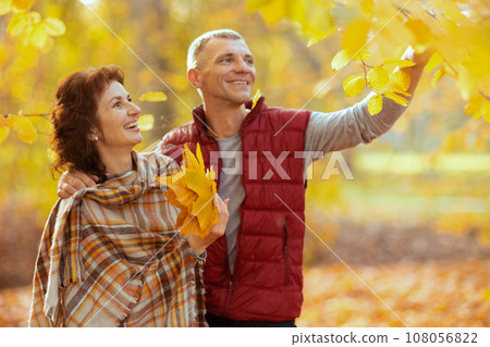 smiling romantic boyfriend and girlfriend in park walking 108056822