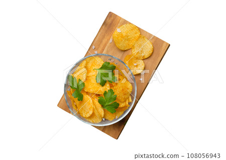 potato chip with salt isolated on white background top view with copy space potato chip with salt isolated on white background top view with copy space 108056943
