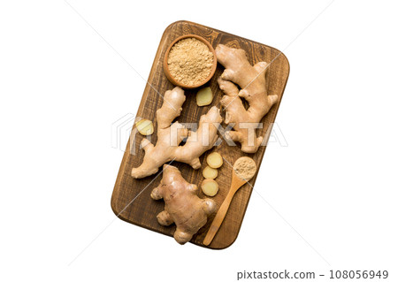 ginger on Cutting board table, isolated on white background top view. Space for text 108056949