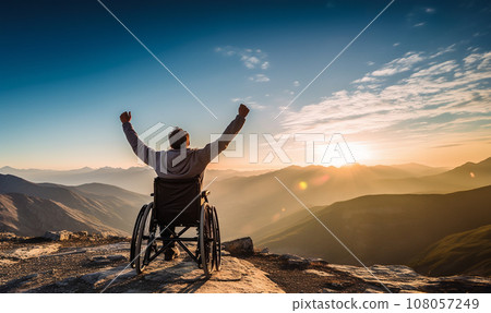 Handicapped male sitting in wheelchair on mountain peak. International Day of Persons with Disabilities (IDPD) concept Silhouette a disabled man in wheelchair raising his hands over mountain Handicapped male sitting in wheelchair on mountain peak. International Day of Persons with Disabilities (IDPD) concept Silhouette a disabled man in wheelchair raising his hands over mountain 108057249