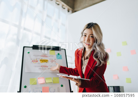 Portrait young business woman presentation marketing profit with confident within investment and seminar for planning of finance. Portrait young business woman presentation marketing profit with confident within investment and seminar for planning of finance. 108057595