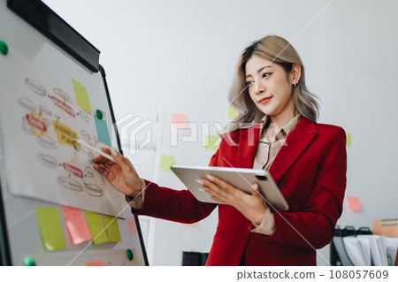 Portrait of a thoughtful Asian businesswoman looking at financial statements and making marketing plans using a computer on her desk. Portrait of a thoughtful Asian businesswoman looking at financial statements and making marketing plans using a computer on her desk. 108057609