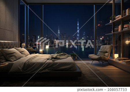 AI-generated content. Luxury apartment bedroom with panoramic view of night city from the window. 108057733