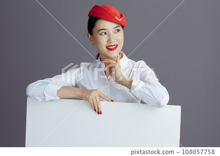 pensive elegant flight attendant asian woman isolated on gray pensive elegant flight attendant asian woman isolated on gray 108057758